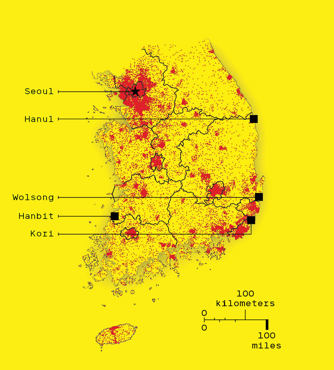 Most of South Korea's nuclear reactors are clustered in its densely populated southeast.